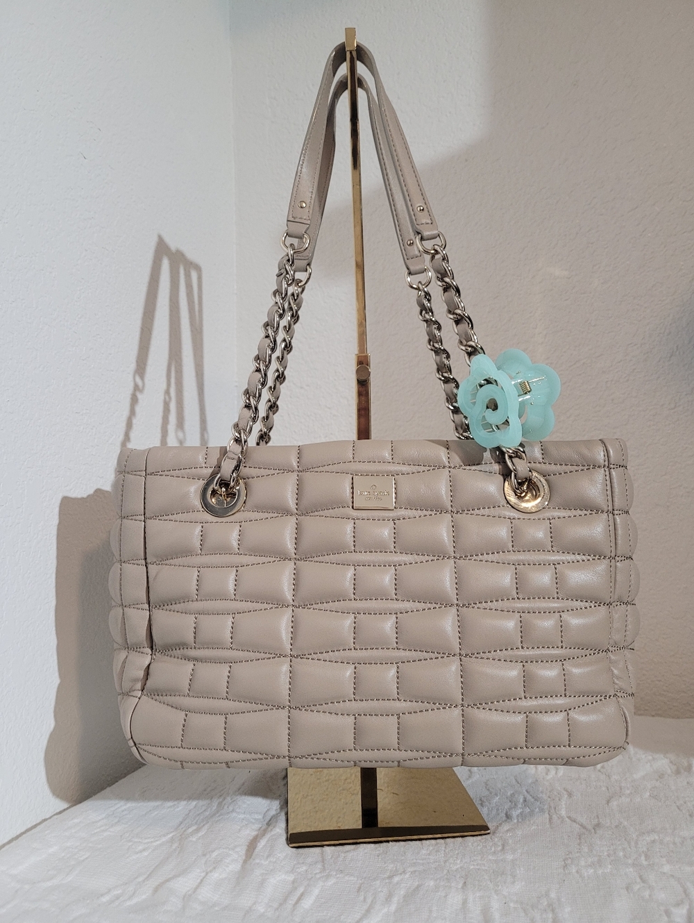 Kate Spade Beige Quilted Leather Zip Top Tote/Shoulder Bag Triple Compartment
